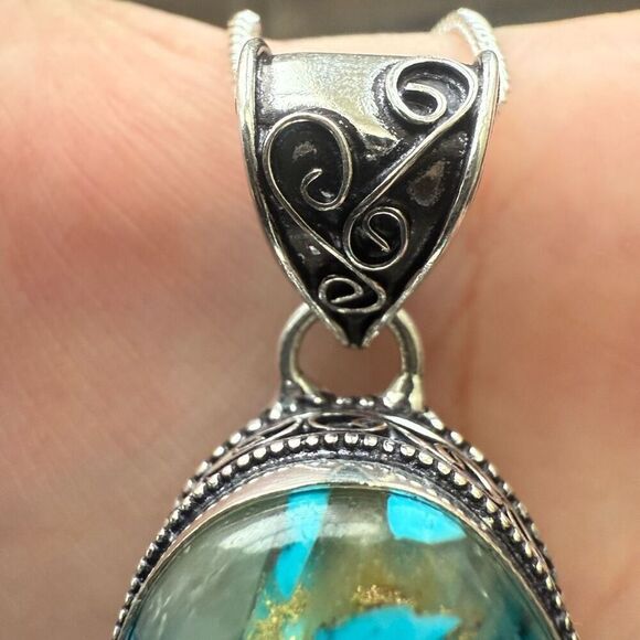Blue Copper Turquoise Gemstone Handmade Silver Jewelry Oval Pendant Necklace - Picture 3 of 4